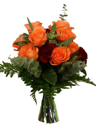 Magnetic Charm - Orange Roses & Carnations Bouquet - Splendid colors converge in a flower bouquet we doubt you've ever seen. Perfect orange roses, seeded eucalyptus, grey eucalyptus, and dark red carnations compete for your attention and make for a stunning display. 
We just love the rustic look of orange and deep red. 

Order your hand-tied bouquet by 1:00 EST for FedEx next day delivery Tuesday-Saturday. Elegant vases and other special items are available during checkout. Overnight delivery Tuesday - Friday is $10.99, Saturday is $19.99. 

Satisfaction with your flowers is guaranteed. All of our flower bouquets are shipped farm fresh. Your flowers come hand-tied, budding, and ready to make someone smile.<br><br>Code:10067-2538-10067-0000082856